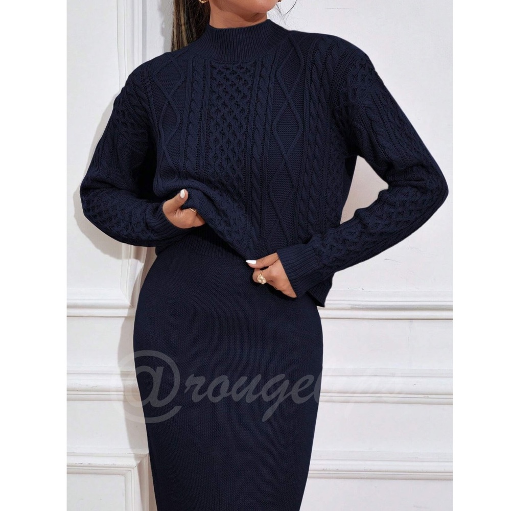 2 Piece Knit Skirt Set Navy Blue Long Skirt & Cable Knit Sweater - Picture 4 of 8